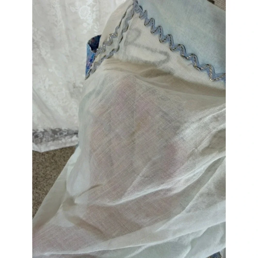 Vintage 40's Handmade Sheer Blue Half Apron Rick Rack Trim Floral Pocket Retro